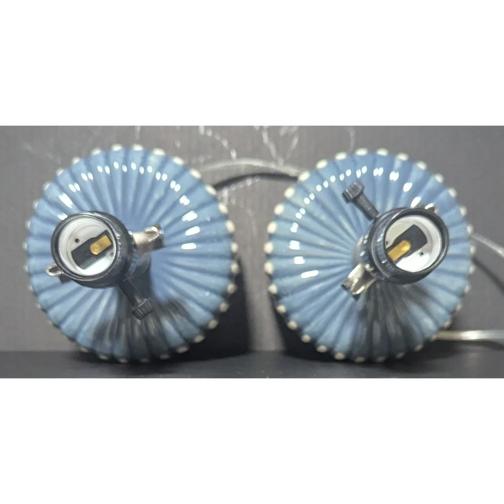 Blue and White Striped Glossy Ceramic Table Lamps Set of Two W/Linen Shades